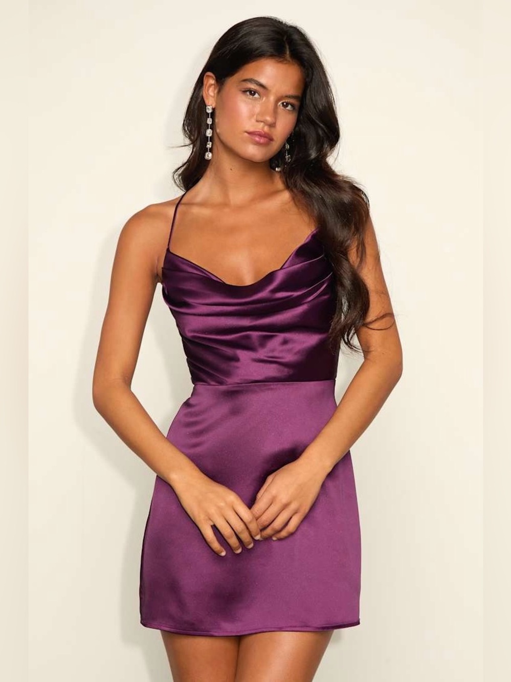 LULUS‎ Satin Draped Cowl Neck Cross Back Y2K Coquette Wedding Guest Slip Dress L